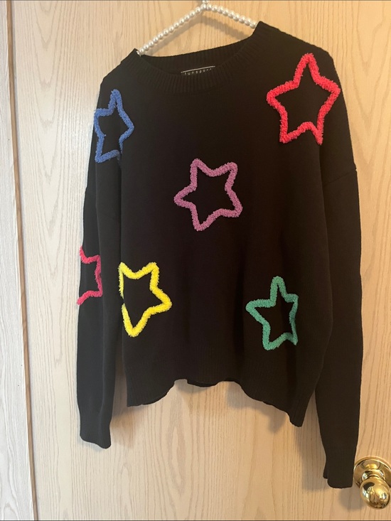 Funsport Sweaters - Black Star Appliqué Sweater - Multicolor Stars